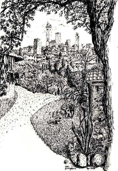 Pen and ink drawing of a medieval town on a hill with towers, framed by an olive tree and gardens