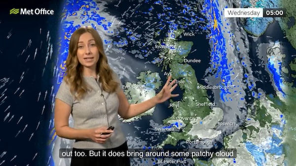 UK weather forecast being presented with captions.