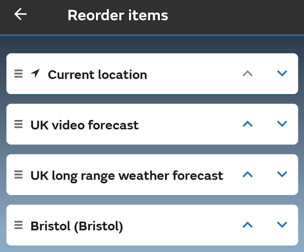 'Reorder items' screen with different locations such as Bristol, and up and down arrows.