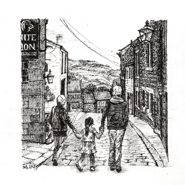 Pen and ink drawing of a child walking down a cobbled Yorkshire street with a grandparent on either side.