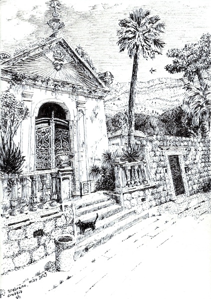 Pen and ink drawing of an old, intricate chapel surrounded by palms, with a cat nuzzling the steps, a swallow flying and a mountain in the background.