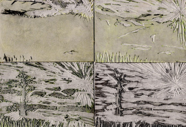 Four grey inky blocks showing progressive stages of the linocut with recognisable trees, hedges and radial sunlight