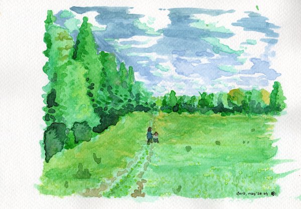 Watercolour painting of a field surrounded by trees, with a woman and girl walking ahead along the track