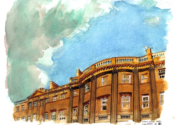 Watercolour of a grand Georgian terrace overlaid with pen and ink detail, with a dramatic cloud overhead