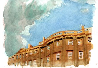 Watercolour of a grand Georgian terrace, with a dramatic cloud overhead and a seagull on top