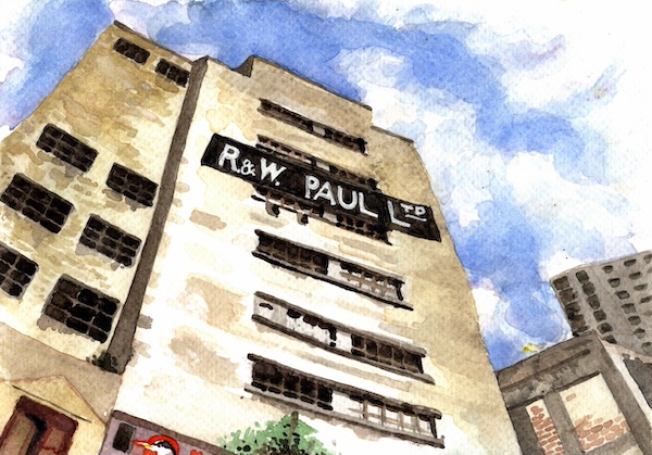 Watercolour painting of a stark, old industrial building below a blue, cloudy sky with a sign reading R&W Paul Ltd.