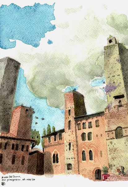 Watercolour painting of medieval square Italian towers with two figures looking up towards birds flying into the windows