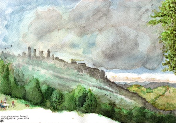 Watercolour painting of towers on a hill, with smoke in the air, distant mountains and two small figures in the foreground